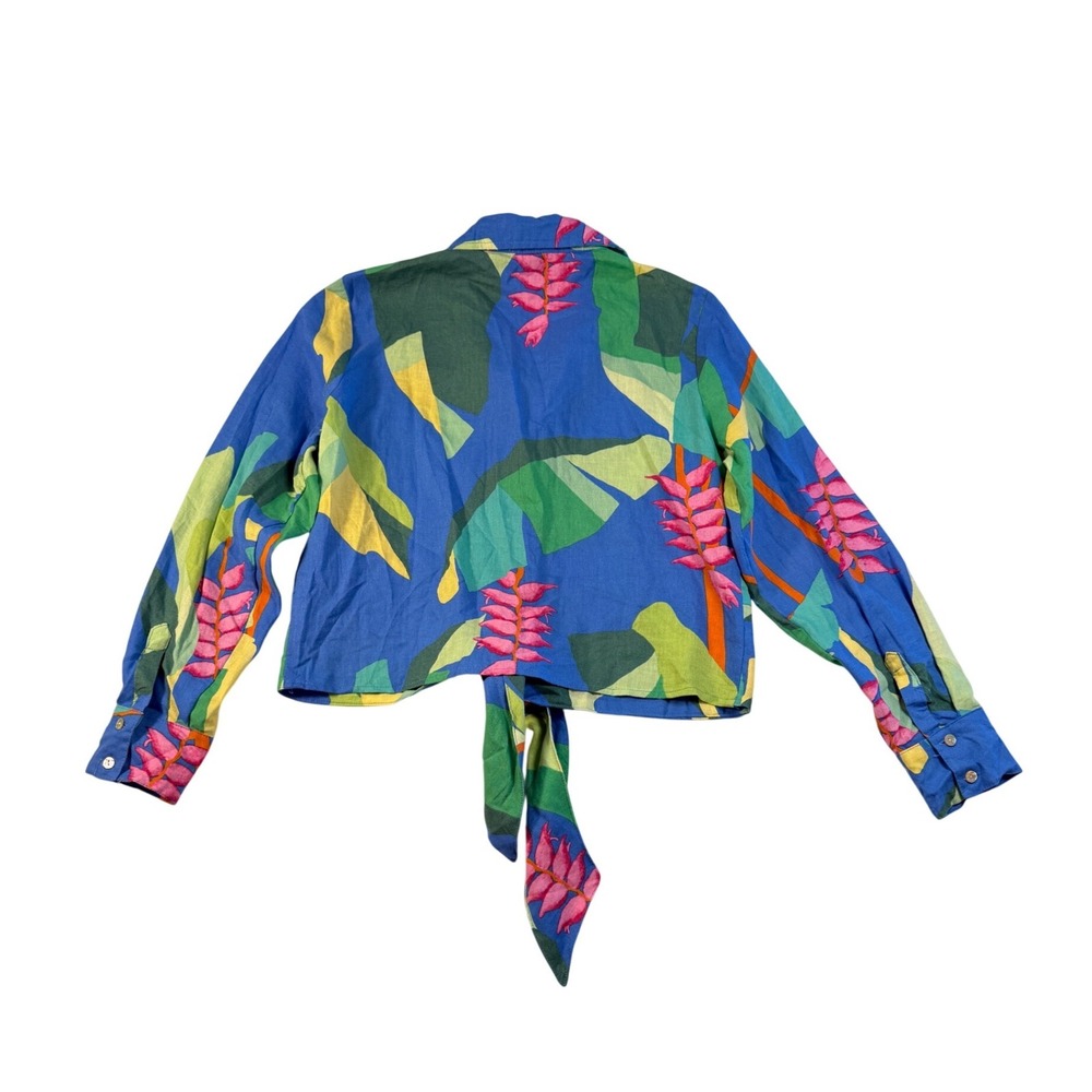 Christian Siriano New York Blue Tropical Floral Tie Front Cropped Linen Top M - Picture 3 of 8